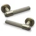 FLARE KNURLED DOOR HANDLE ON ROSE – LOCK PACK – ANTIQUE BRASS