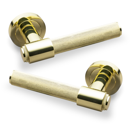 FLARE KNURLED LEVER DOOR HANDLE ON ROSE POLISHED BRASS