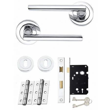 AMORA DOOR HANDLE ON ROSE – LOCK PACK – POLISHED CHROME