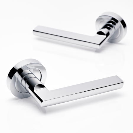 AMORA DOOR HANDLE ON ROSE – POLISHED CHROME