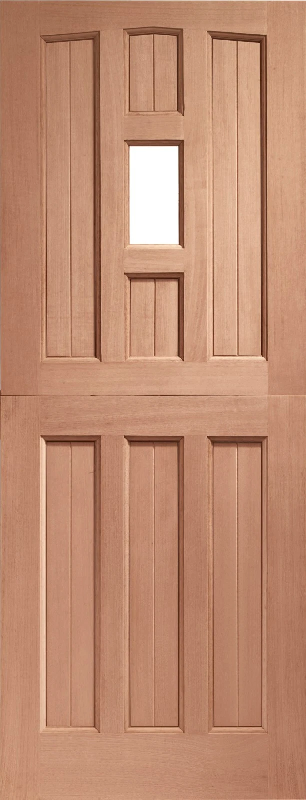 Wooden door with a rectangular window in a panel design
