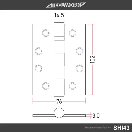 BALL BEARING HINGES 102MM X 76MM X 3MM GRADE 13 – SATIN STAINLESS STEEL
