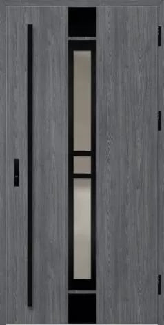 Gray front door with black frames and a central rectangular window