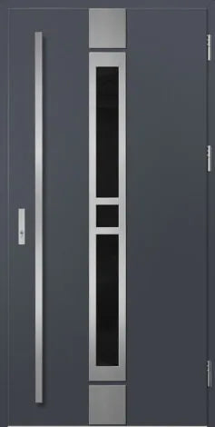 Modern gray door with vertical and horizontal metallic accents