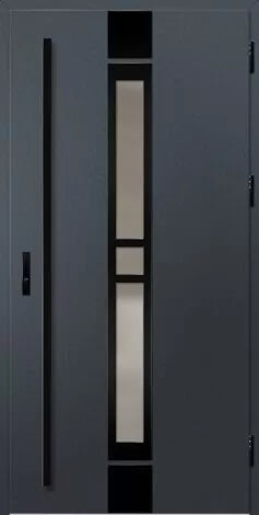 Modern gray door with a central vertical window