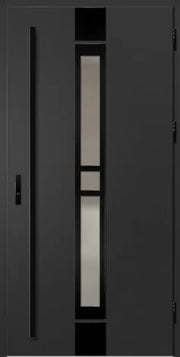 Modern gray door with glass panels on a dark background