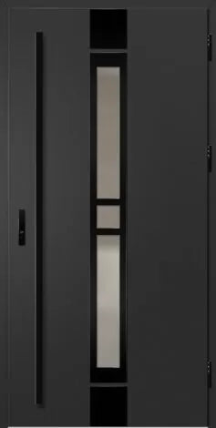 Modern gray door with glass panels on a dark background