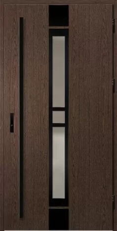 Front door with glass panel and vertical slats