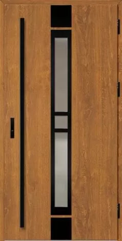 Front door with glass panel and black accents