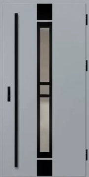 Modern door with glass panels and black frames on a white background