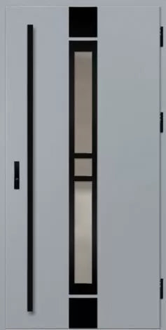 Modern door with glass panels and black frames on a white background