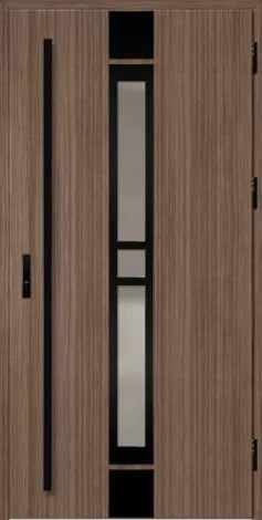 Front door with glass panels and black handles