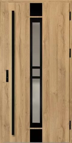 Front door with glass panel and black frames
