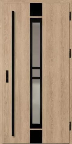 External steel composite door in raw oak finish with glass panel and black accents