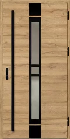 Front door with glass panel and black accents