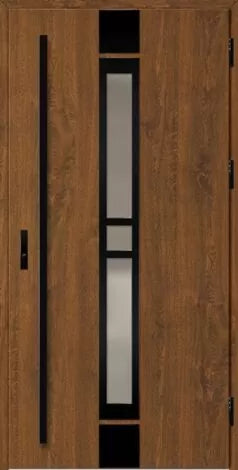 Front steel composite door in walnut finish with glass panel and black frames