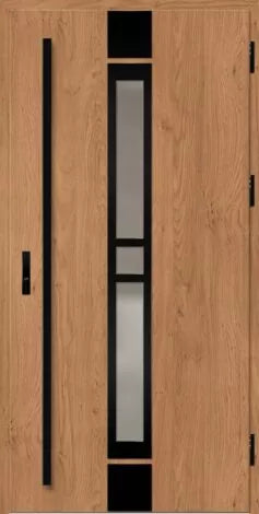 Front door with glass panel and black frames