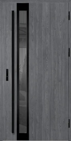 Front door with glass panel and black frames