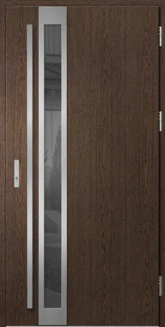 Front door with glass panels and metallic handles