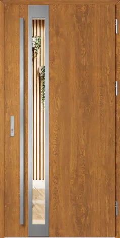 Front door with metallic frames and a reflective glass panel