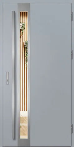 Modern gray door with a narrow vertical window