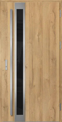 Front door with metallic handle and glass panel