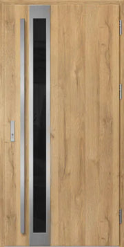 Front door with metallic handle and glass panel