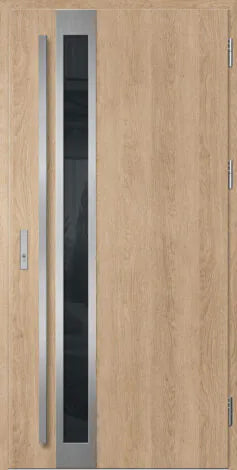 Front door with glass panel and metallic handles