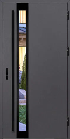 Modern gray door with a glass panel on a house exterior