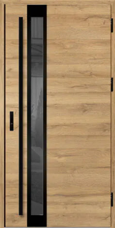 Front door with glass panel and black frames