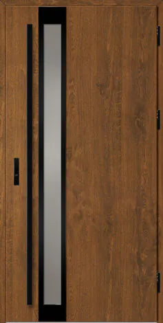 Front door with a vertical glass panel and black frames