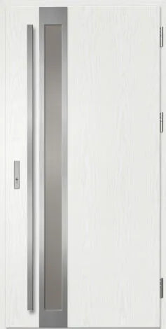 White door with a glass panel and metallic handle on a white background