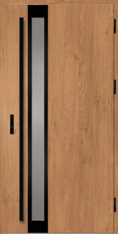 External door with a glass panel and black frames