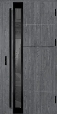 Modern front door with glass panel in a neutral setting