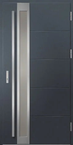 Steel composite external door set with vertical glass panel and metal handle in anthracite finish