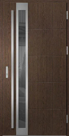 Front door with glass panels and metallic handles