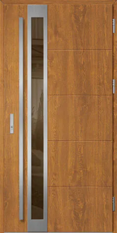 Front door with metallic handle and frame