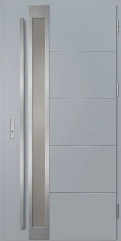Modern gray door with horizontal lines and metallic handles on a light gray background