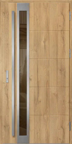 Modern front door with glass panel and metallic handle