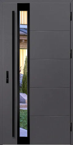 Modern gray door with a black frame and glass panel