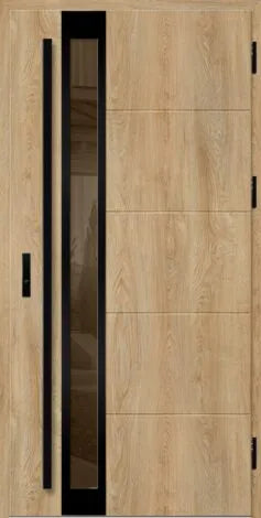 Front door with glass panel and black frames