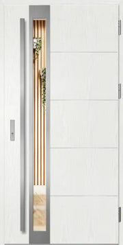 Modern white door with a glass panel showing a hallway.
