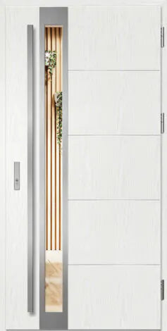 Modern white door with a glass panel showing a hallway.