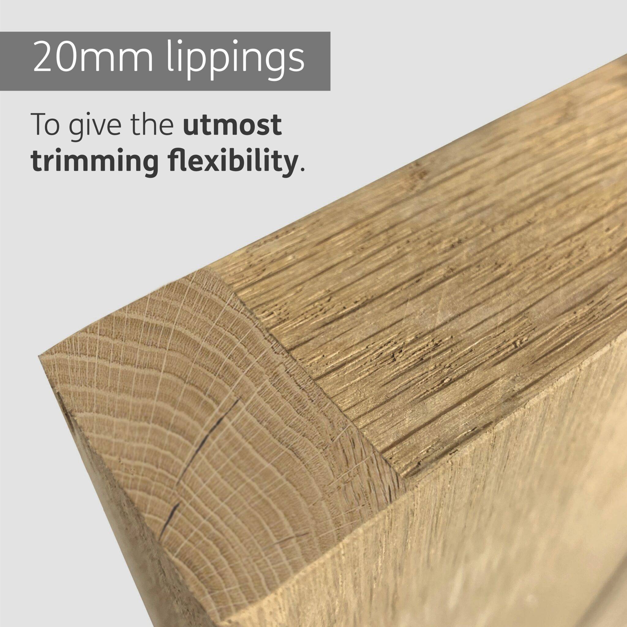 Close-up of wooden lipping with text on a gray background