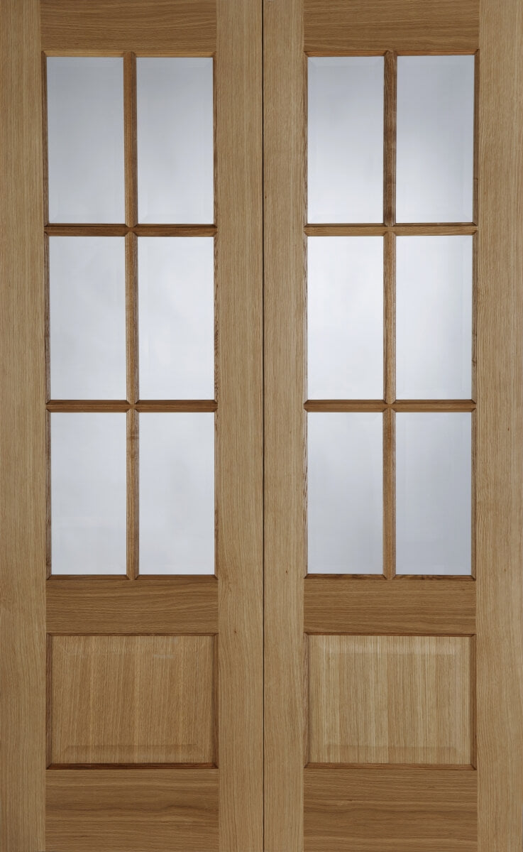 Wooden double door with glass panels