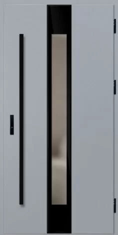 Modern white door with black handles and a reflective glass panel
