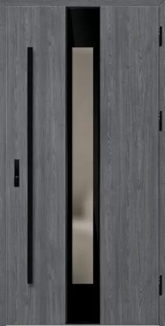 Gray wooden door with a glass panel and black handles
