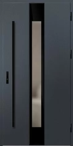 Modern gray door with a narrow glass panel and black handles