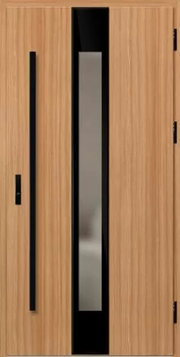 Exterior steel composite door with black handles and a central glass panel