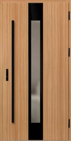 Exterior steel composite door with black handles and a central glass panel